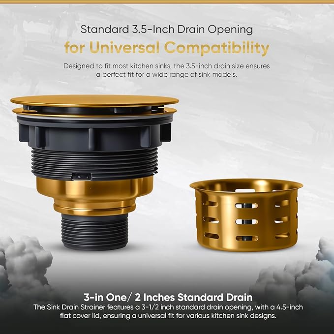 Strictly Sinks Sink Drain Strainer with Removable Basket - 3-1/2 Inch Stainless Steel Round Kitchen Sink Drain Assembly Kit with Deep Strainer Basket & Flat Cover Lid (Gold)
