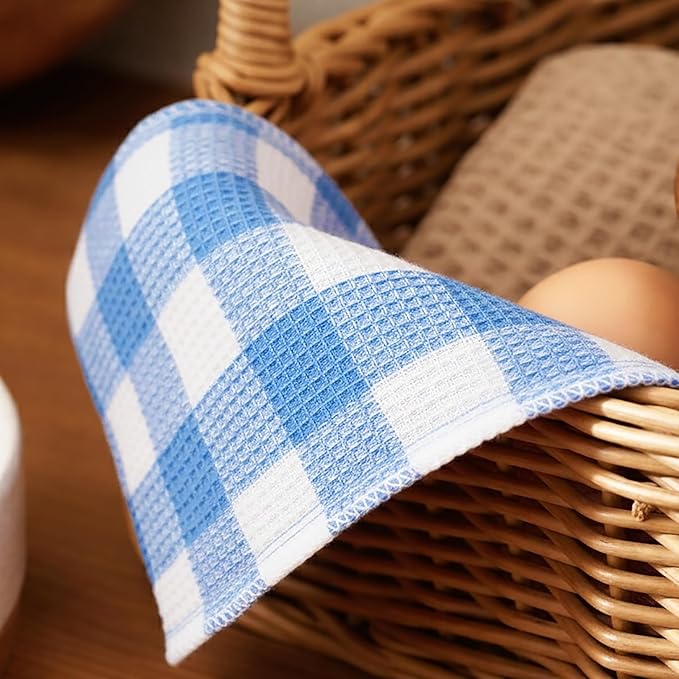 Waffle Weave Plaid Dish Cloths, 100% Cotton - 12 x 12 Inches, Ultra Soft Absorbent Quick Drying Dish Towels Buffalo Check Dish Rags for Kitchen, 8 Pack - Fall Thanksgiving - Light Blue & White