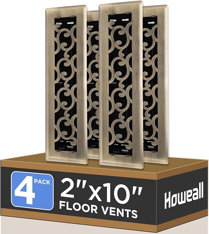 2x10 Inches 4 Pack Heavy Duty Walkable Floor Register - Easy Adjust Air Supply Lever Decorative Floor Vent Covers, Savannah Design Vent Covers for Home - Antique Brass