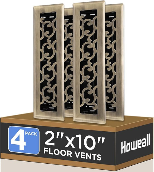 2x10 Inches 4 Pack Heavy Duty Walkable Floor Register - Easy Adjust Air Supply Lever Decorative Floor Vent Covers, Savannah Design Vent Covers for Home - Antique Brass