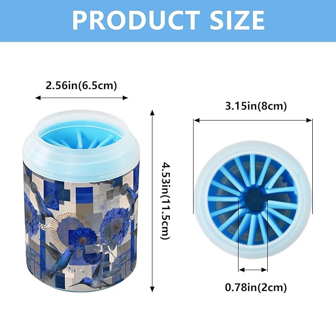 Dog Paw Cleaner Cups for Dogs Pets Foot Washer Paw Scrubber for Medium Small Cats Dogs Cute Cleaning Cup Blue Hummingbirds Flowers Squares Leaves