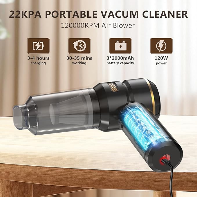 Handheld Vacuum Cordless, 22000PA High Power Car Vacuum Portable with Air Duster, Washable Filter, Rechargeable for Pet Hair, Home, Office, Auto Cleaning (Black)