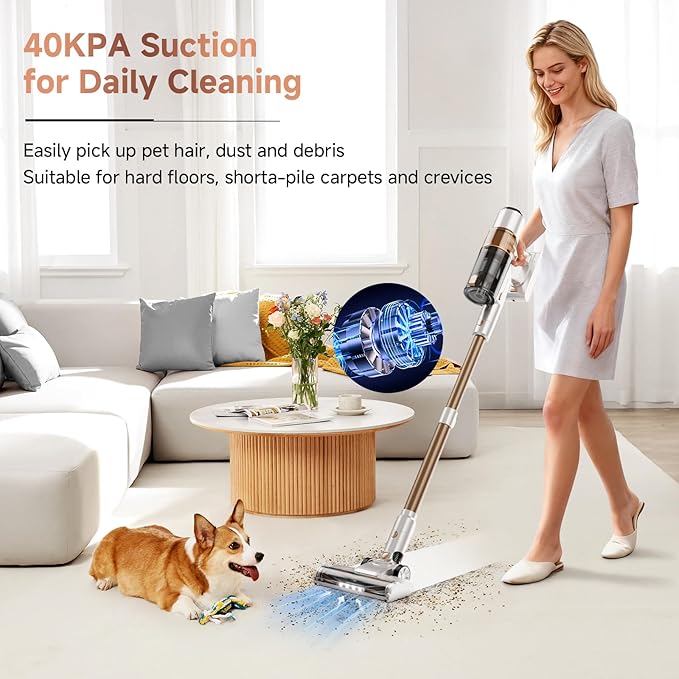 Cordless Vacuum Cleaner: 40KPA Powerful Suction Cordless Stick Vacuum Cleaners for Home, Anti-Tangle Brush, Lightweight, 6-in-1 Rechargeable Vacuum for Pet Hair/Carpet/Hard Floor(Off-White)