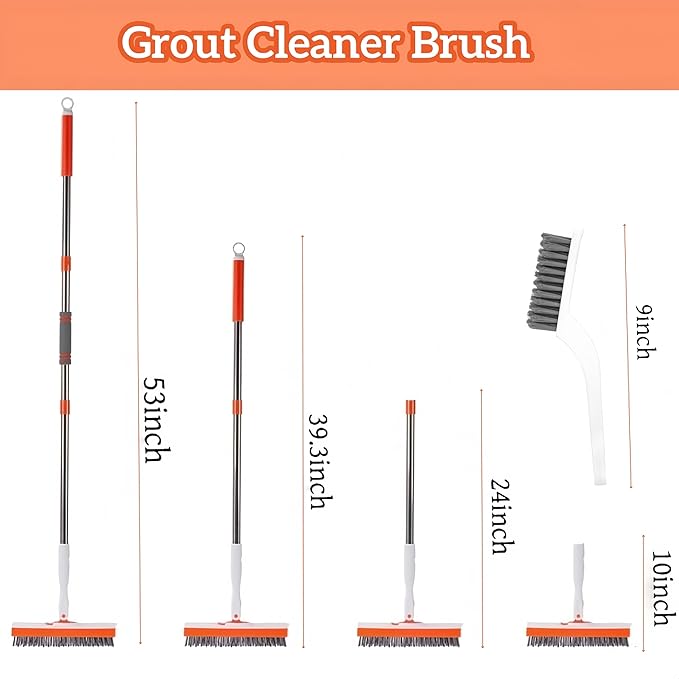 53''Grout Cleaning Brush with Long Handle,Grout Cleaner Brush for Tile Floors ,2 in 1 V-Grout Scrubber for Crevice, Tile Line, Shower, Kitchen, Bathroom