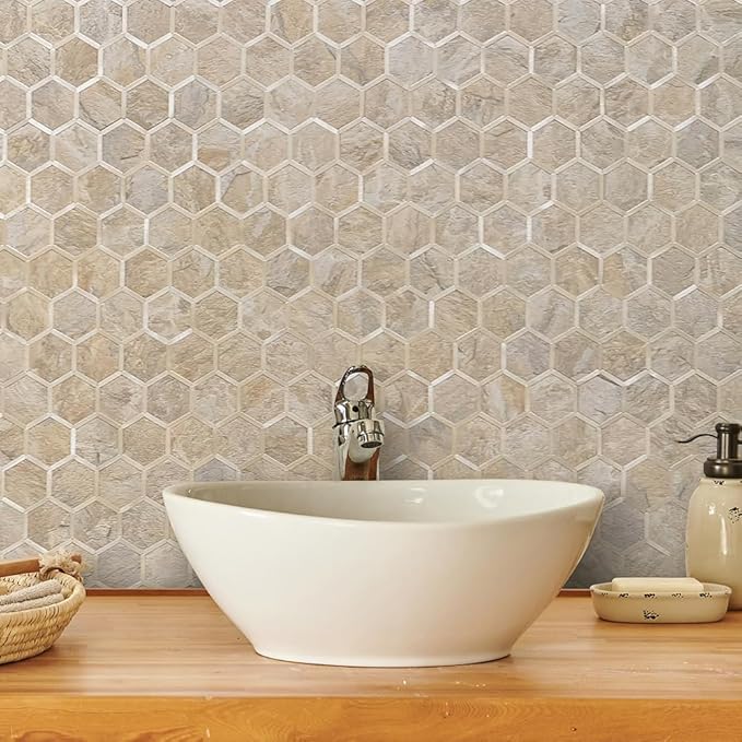 DICOFUN Hexagon Peel and Stick Backsplash Tile, Sandstone Look with Light Gold Kitchen Backsplash Peel and Stick Wall Tiles, 10