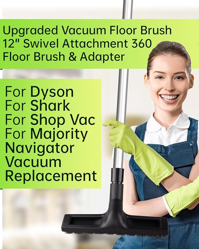 Universal Vacuum Floor Brush Attachments - Vacuum Attachments & Brushes, 12-Inch Swivel Head with 1-1/4”(32mm) Diameter Horse Hair Soft Bristles, 360° Swivel & Wheels for Hard Floors, Tile Cleaning