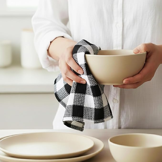 PurpleEssences 100% Cotton Waffle Weave Check Plaid Kitchen Towels, Super Soft and Absorbent Dish Towels for Drying Dishes 15 x 25-4 Pack - Christmas Holiday Winter - Black and White