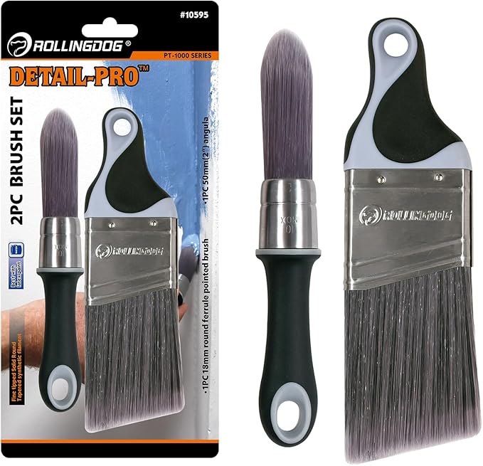 ROLLINGDOG 2 Inch Trim Paint Brush - 1PC 50mm Angled Sash Paint Brush and 1PC Pointed Round Trim Brush for Painting Walls