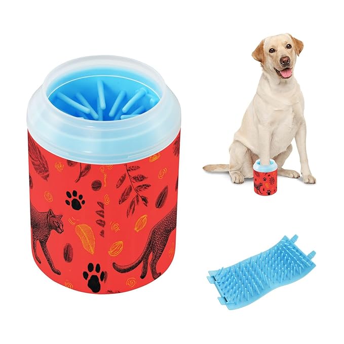 Dog Paw Cleaner Cups for Dogs Pet Foot Washer Paw Scrubber for Medium Small Large Dogs Cats Cleaning Cup Red Cougar Paw Prints Leaves Nuts