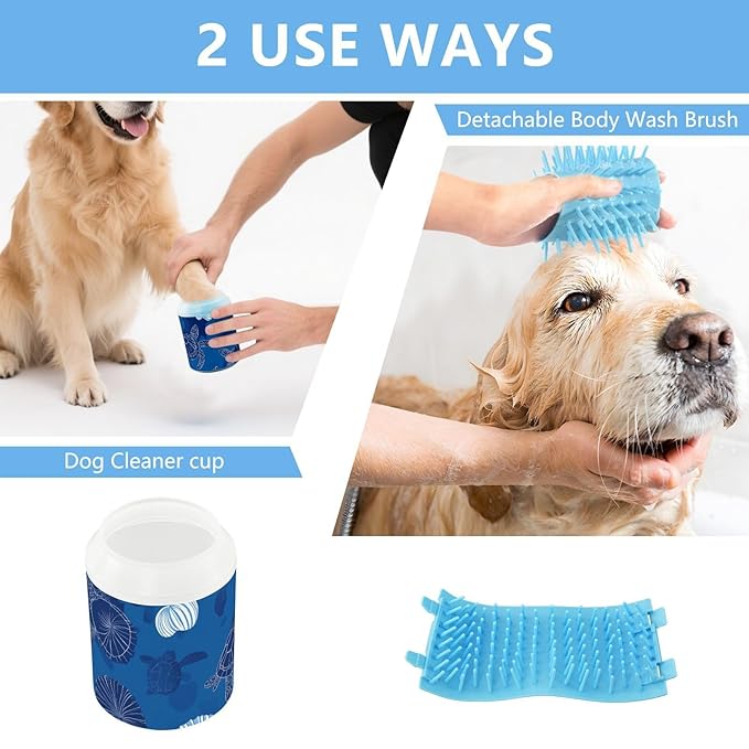 Dog Paw Cleaner Cups for Dogs Pets Foot Washer Paw Scrubber for Medium Small Dogs Cats Cleaning Cup Navy Blue Turtles and Seashells