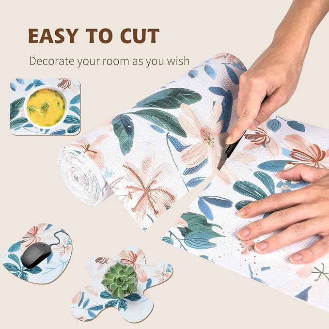 Shelf Liners for Kitchen Cabinets 12in x 20FT, Non Adhesive Drawer Liner Colored Flowers Thickened Shelf Liner Non-Slip Easy to Clean for Tool Box Refrigerator with Knife and Tape Measure