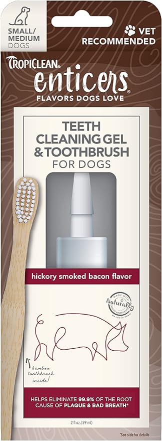 TropiClean Enticers Teeth Cleaning Gel & Toothbrush for S/M Dogs | Hickory Smoked Bacon Flavor | Bamboo Brush Speeds Up Plaque Removal | Gel Helps Fight Bad Breath | 2 oz