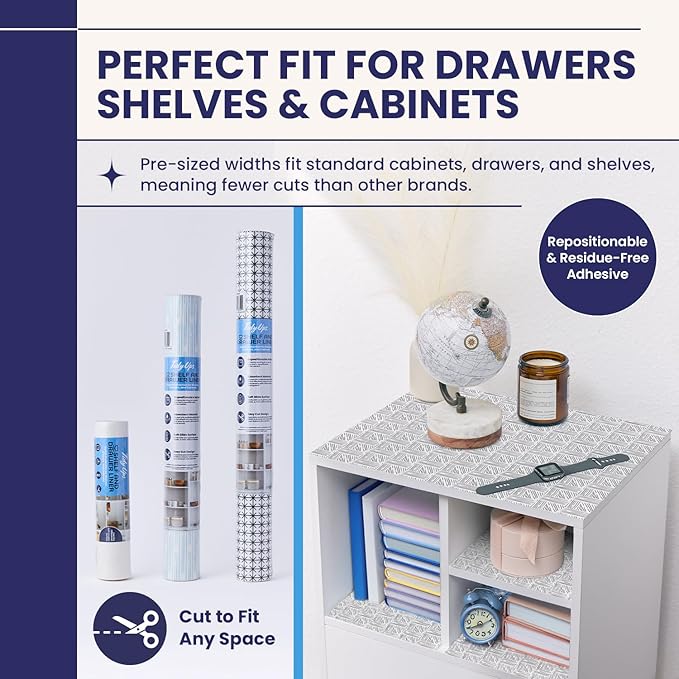 Self Adhesive Shelf Liner (2-Pack, 10.75in x 6ft) — Absorbent Felt Cabinet Liner for Shelves & Kitchen Drawers, Soft Glide Surface with Adjustable, Residue-Free Adhesive (Crosshatch)
