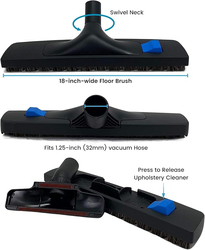 Wessel-Werk Pro Performance ClickBrush, 18 in. Residential and Commercial Vacuum Floor Brush for 1 1/4 inch (32mm) Wet and Dry Vacuum Cleaners