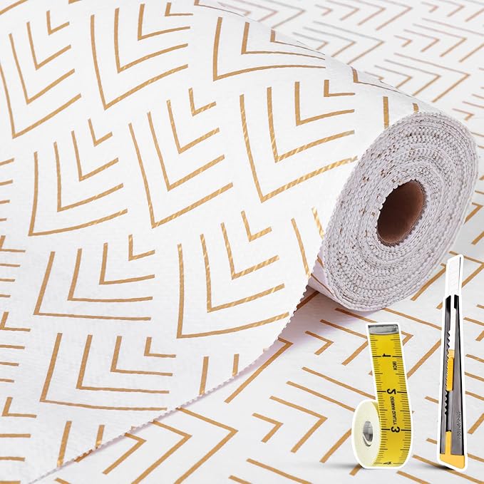 Shelf Liner for Kitchen Cabinets Non Adhesive Drawer Liner Gold Arrow Non-Slip Thickened Shelf Liner Paper Strong Easy to Clean for Tool Box Refrigerator with Knife and Tape Measure 12 inche x 10 feet