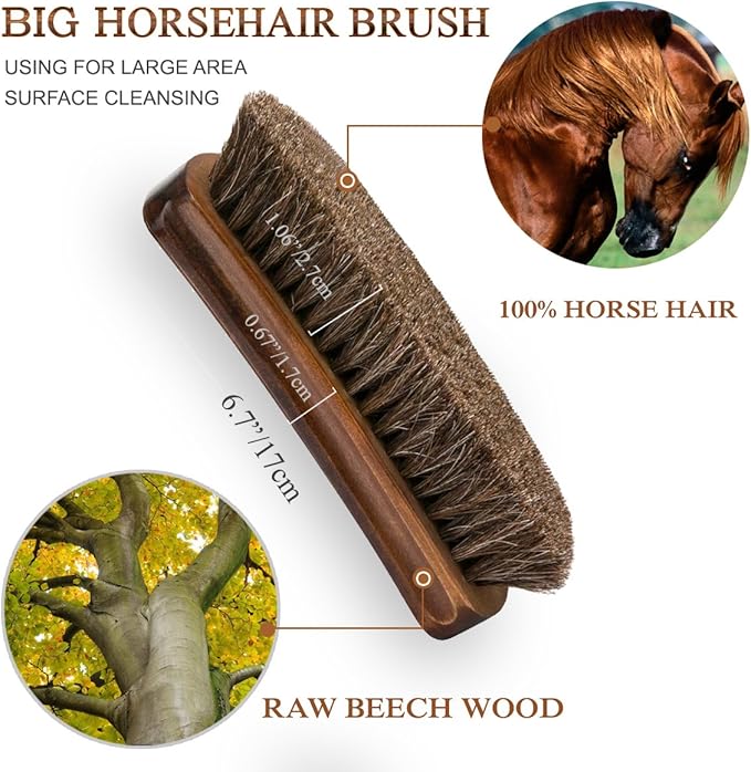 TAKAVU Shoe Shine Brushes Kit (4PCS) - 100% Soft Horsehair Bristles Brush, Polish Applicator, Crepe Suede Shoes Brush, Microfiber Buffing Cloth for Shoes, Leather, Boot, Cloth, Bag