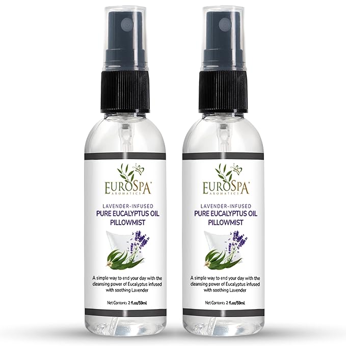EuroSpa Aromatics Lavender-Infused Pure Eucalyptus Oil Pillow Mist Sleep Spray - Deep Sleep Pillow Spray - Lavender Bed Spray - Lavender Spray Sleep Mist - Lavender Linen Spray for Bedding - 2oz
