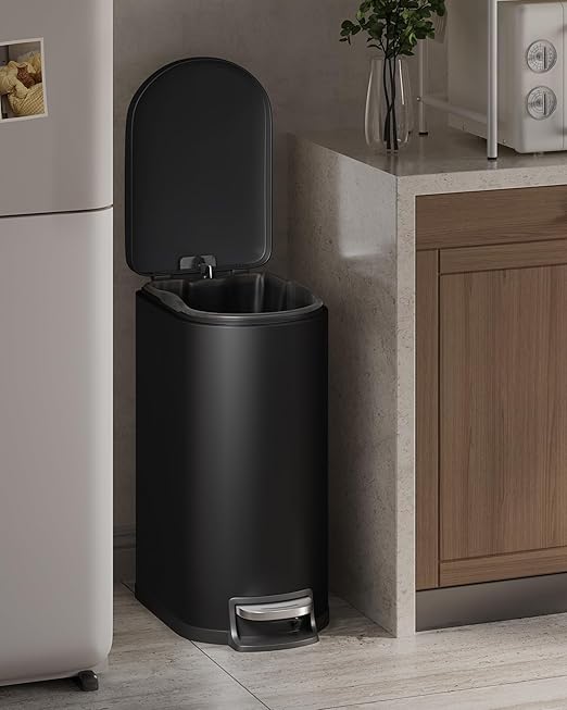 Garvee 13 gal / 50 L Metal Kitchen Trash Can with Lid, Slim Rustproof Garbage Can, Large Step-on Trash Bin with Inner Bucket, Rear Handle, Soft Close Lid, Black