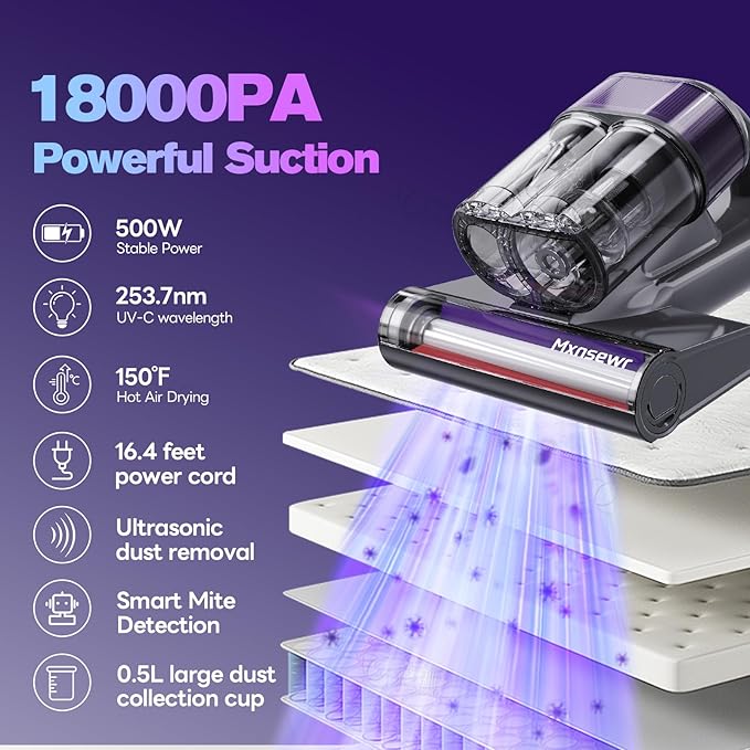 Mattress Vacuum Cleaner, Ultrasonic Bed Vacuum Cleaner with 18Kpa Strong Suction, 150°F Heat & 253.7nm UV-C Light, Intelligent Dual Cup, One-Click Dust Removal for Bed, Sofa, Pet Hair, Grey