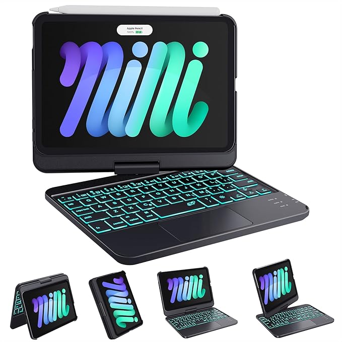 GreenLaw Keyboard Case for iPad mini 7 A17 Pro(2024) & Mini 6 (2021) 8.3", 360° Rotate Case for iPad mini 7th/6th Generation, Touchpad Keyboard with 7 Color Backlit, Type-C Rechargeable, Black