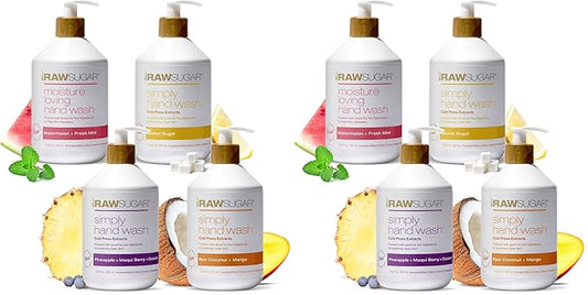 RAW SUGAR Hand Wash Variety Bundle - Lemon Sugar, Watermelon + Fresh Mint, Pineapple + Maqui Berry + Coconut & Raw Coconut + Mango, Formulated without Sulfates & Parabens (16.9 fl. oz, Pack of 8)