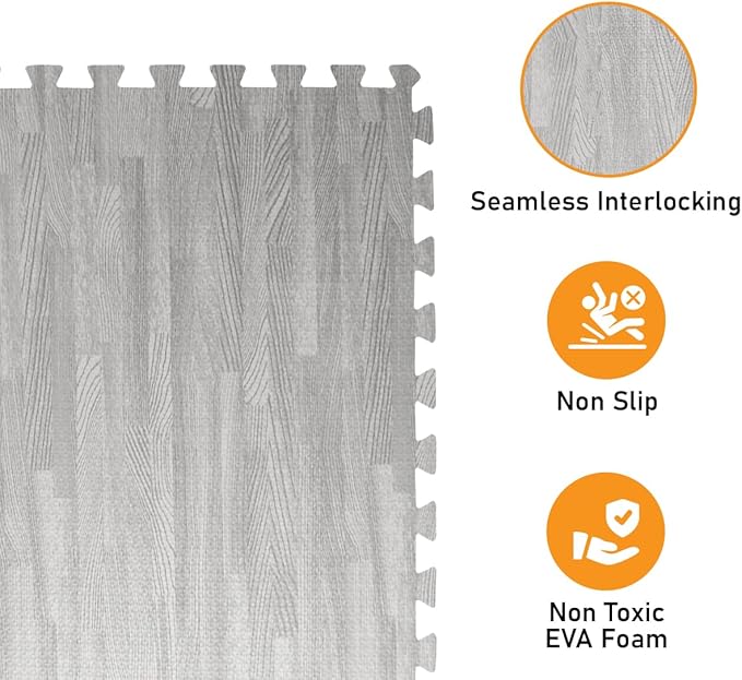 HomeCube USA 3/8 Inch Thick Interlocking Grey Wood Grain Foam Floor Tiles for Home, Office, Workout Equipment Space Commercial Areas Anti-Fatigue Flooring Padding 24x24 in, Grey, 160 Sq Ft-40 Tiles