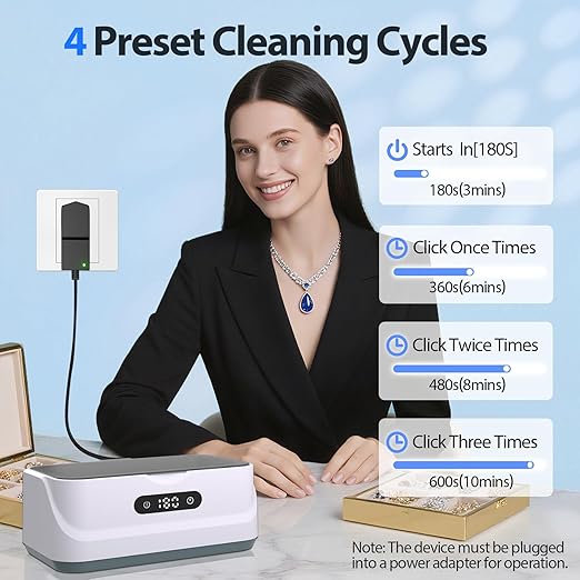 Ultrasonic Jewelry Cleaner: 48Khz Ring Cleaner Ultrasonic Machine with Digital Timer, 4 Cleaning Modes, 24W Sonic Cleaner for Jewelry, Glasses, Retainer, Watch Strap, Home & Travel Use, 13.5oz