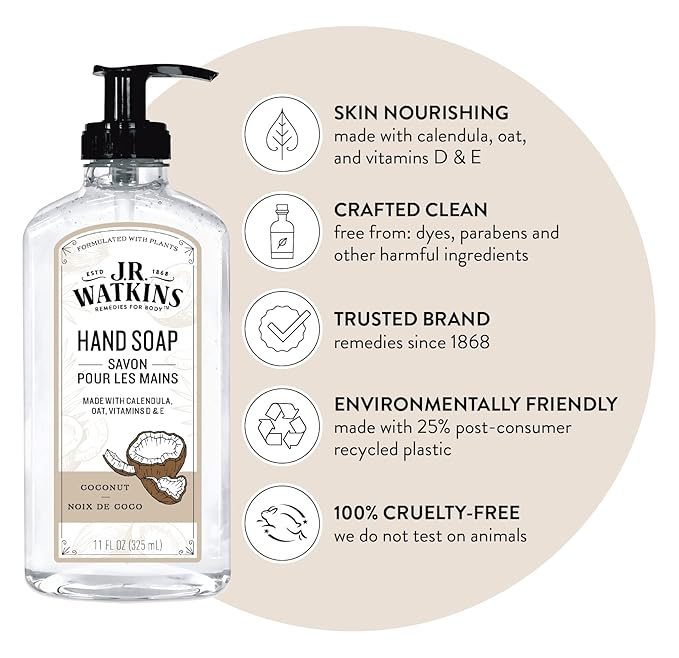 J.R. Watkins Gel Hand Soap, 3 Pack of 11 Fl Oz, Coconut