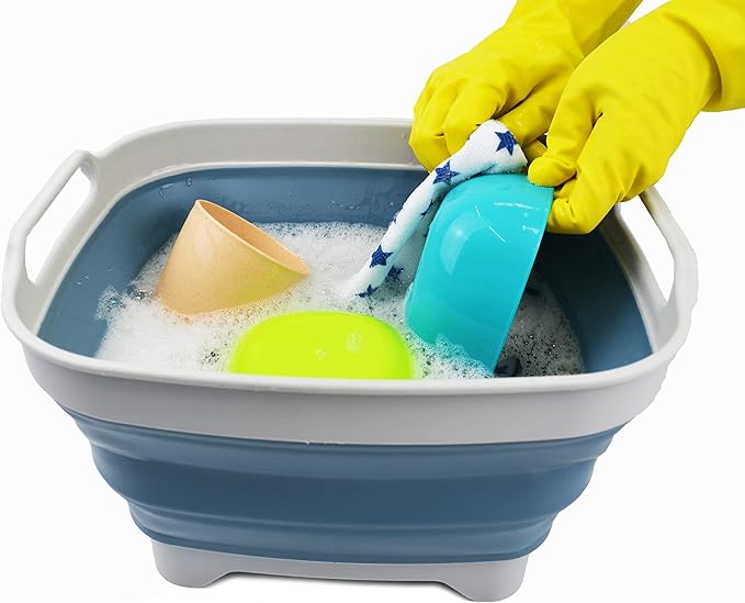 SAMMART 7.5L (2 Gallons) Collapsible Dishpan with Draining Plug - Foldable Washing Basin - Portable Dish Washing Tub - Space Saving y (Grey/Steel Blue (Set of 2), 2)