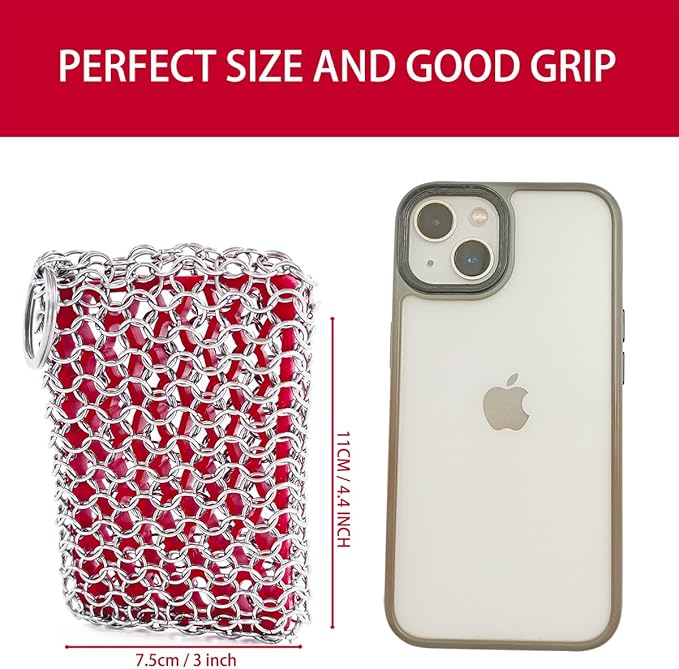 Cast Iron Chainmail Scrubber with Red Silicone Insert Chainmail Scrub Easy to Grip,Cast Iron Pan Cleaner -316 Chain Metal Sponge for Cast Pan Skillet Scrubber