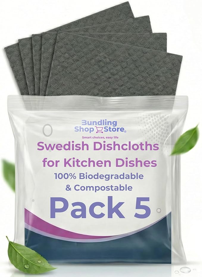 Swedish Dishcloths for Kitchen Dishes -100% Biodegradable & Compostable Reusable Super Absorbent Fiber Sponges with Wood Pulp Cotton - Cleaning Cloths - Dark Grey Pack 5