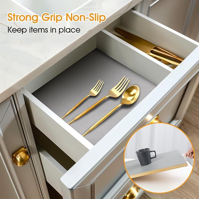 Shelf and Drawer Liner for Kitchen Cabinets Non-Adhesive, Strong Grip Non-Slip Thickened Cabinet Liners for Shelves, Waterproof Mats for Dresser Cupboard, Pure Gray, 12 in x 20 Feet