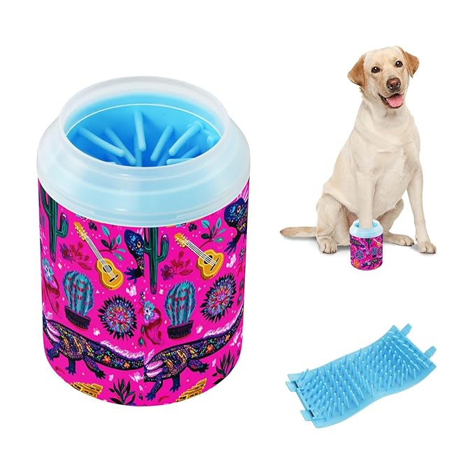 Dog Paw Cleaner Cups for Dogs Pet Foot Washer Paw Scrubber for Small Medium Large Dogs Cats Cleaning Cup Pink Lizards Cacti Pyramids Guitar Flowers