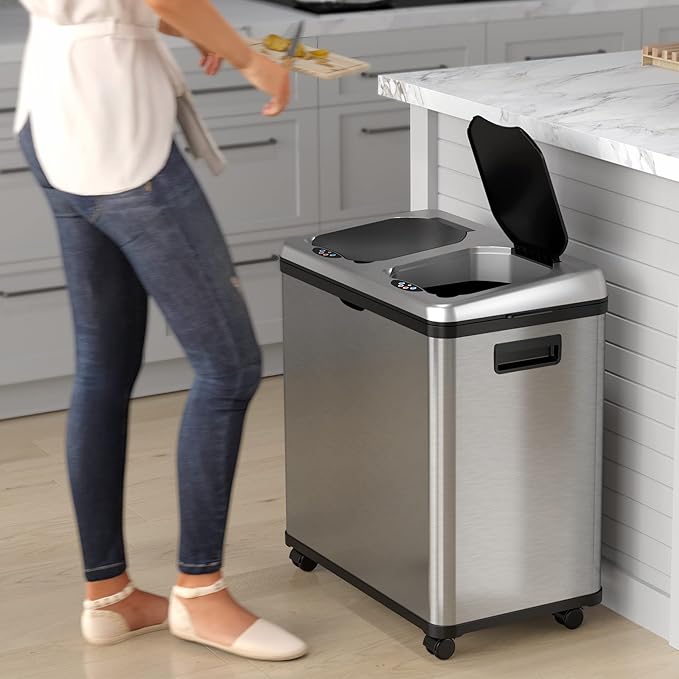 iTouchless 16 Gallon Touchless Sensor Kitchen Trash Can and Recycle Bin with Wheels, 60 Liter Stainless Steel Dual-Compartment (2 x 8 Gallon) Combo Recycling and Garbage Trashcan