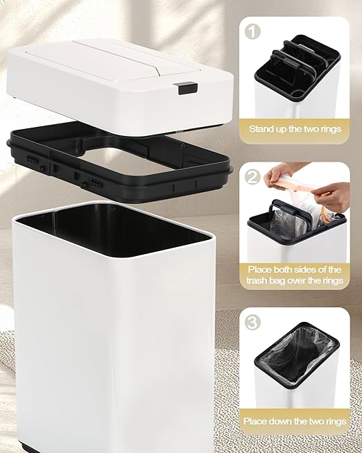 ELPHECO Bathroom Trash Can with Lid 2.6 Gallon Smart Trash Can Slim Motion Sensor Garbage Can Automatic Stainless Steel Wastebasket Bathroom Decor for Bedroom Office Toilet White