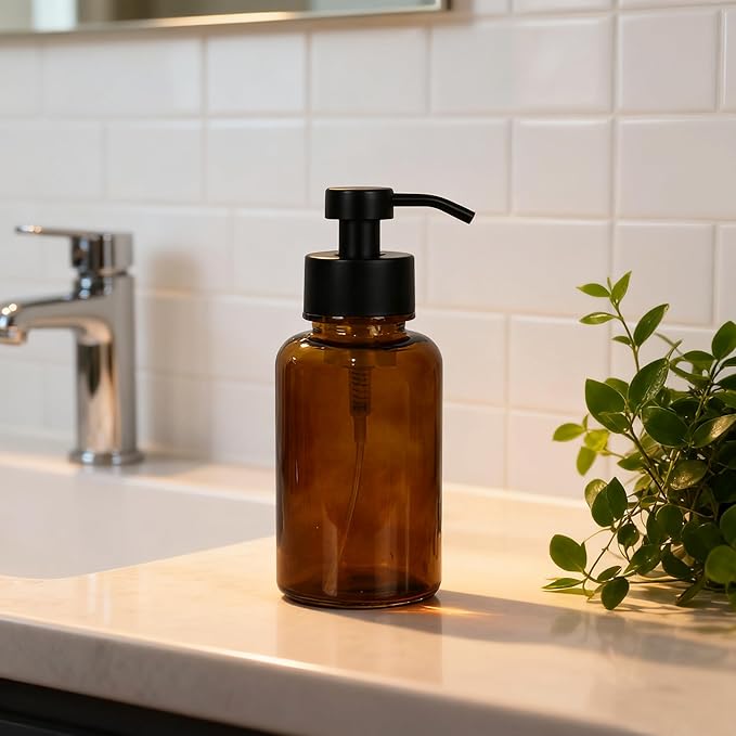 15 oz Amber Glass Foam soap Dispenser with Black Rust-Proof Foam Pump, refillable Thick Glass Foam soap Dispenser for Kitchen and Bathroom (1, 15 oz)
