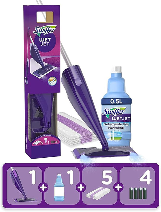 Swiffer WetJet Floor Spray Mop, Starter Kit, Includes: 1 WetJet, 5 Pads, 1 Cleaning Solution & 4 Batteries