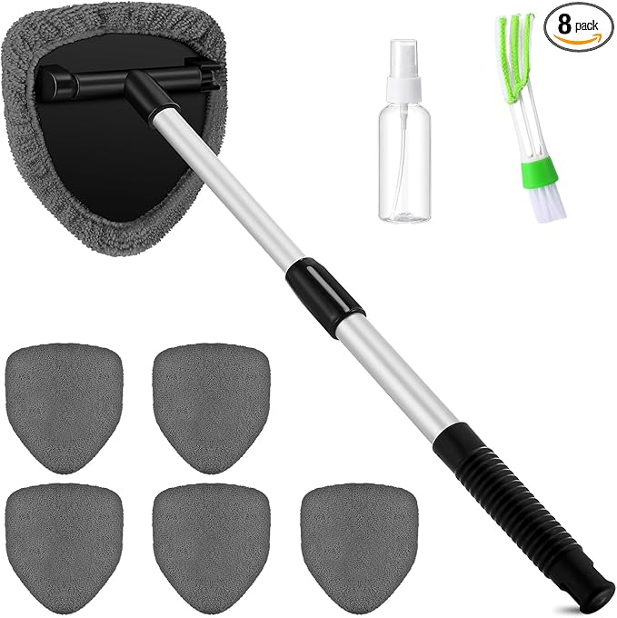 8 Pcs Car Windshield Cleaner Tool Kit with Extendable Handle, Microfiber Towel Pads, Brush, Empty Spray Bottle for Auto Glass Wiper Suvs Rvs & Home Windows(Grey)