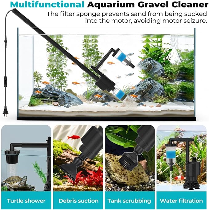 fishkeeper Electric Aquarium Gravel Cleaner, 8 in 1 Automatic Fish Tank Cleaner Kit Gravel Vacuum for Fish Tank, for Change Water/Wash Sand/Water Filter/Water Circulation (30W 480GPH)