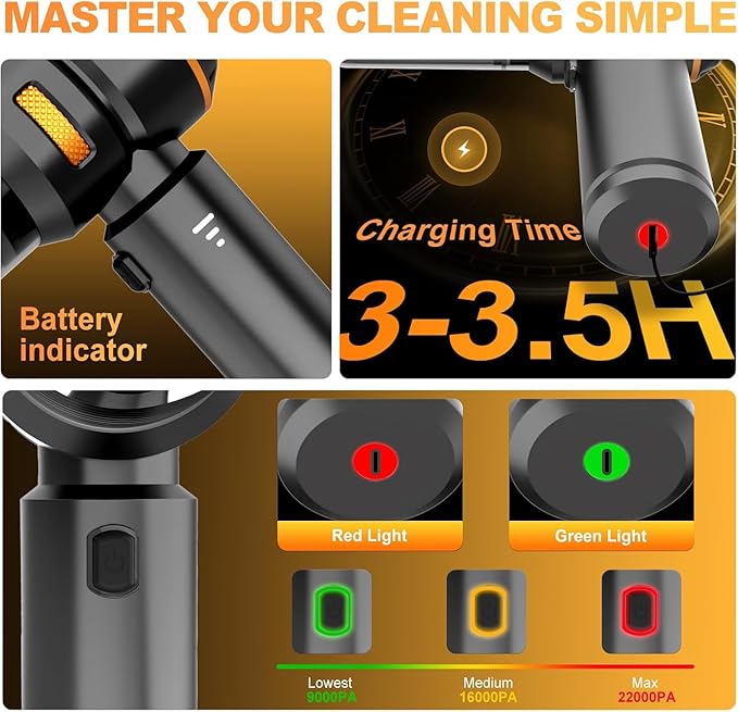 Handheld Car Vacuum Cleaner, 4-in-1 Cordless Vacuum Cleaner, 22000 PA High Power Portable Car Vacuum with Brushless Motor, for Home, Office, Camping (Black Golden)