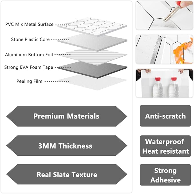 Vamos Tile Long Hexagon Peel and Stick Backsplash Tile - 10 Sheets Stick on Backsplash for Kitchen and Bathroom 12.4 x 12 Inch White Marble Look PVC Mixed Metal Silver Self Adhesive Mosaic Wall Tiles
