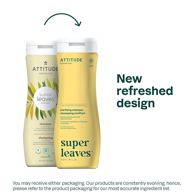 ATTITUDE Clarifying Hair Shampoo, EWG Verified, Restores Shine, Naturally Derived Ingredients, Vegan and Plant Based, Lemon Leaves and White Tea, 16 Fl Oz, (Pack of 2)