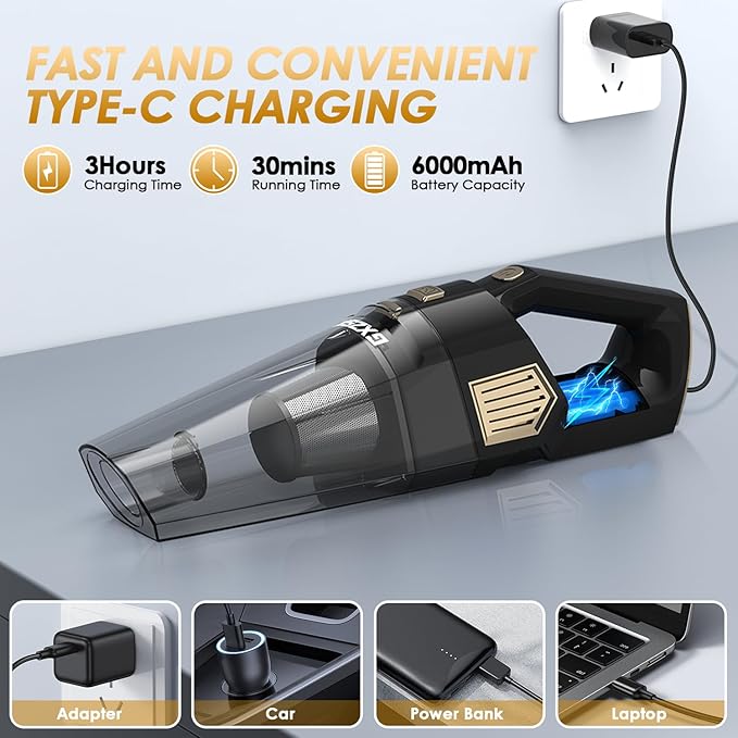 Handheld Vacuum Cordless, 15000PA Strong Suction Hand Held Car Vacuum Cleaner Rechargeable, Portable Hand Vacuum with Multi-Nozzles & Washable Filter for Home Office, Car, Pets