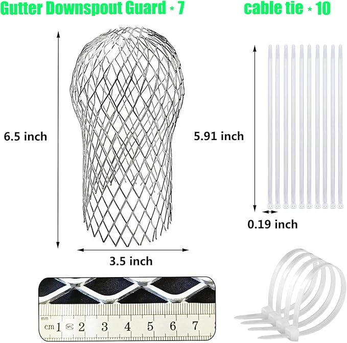7 Pack Gutter Downspout Guard, Gutter Guard Mesh Aluminium 3.5 Inch Downspout Filter Strainer Adjustable Screen Protector for Prevent Leaf Debris Rodent Blocking, with 10 Cable Ties (7)