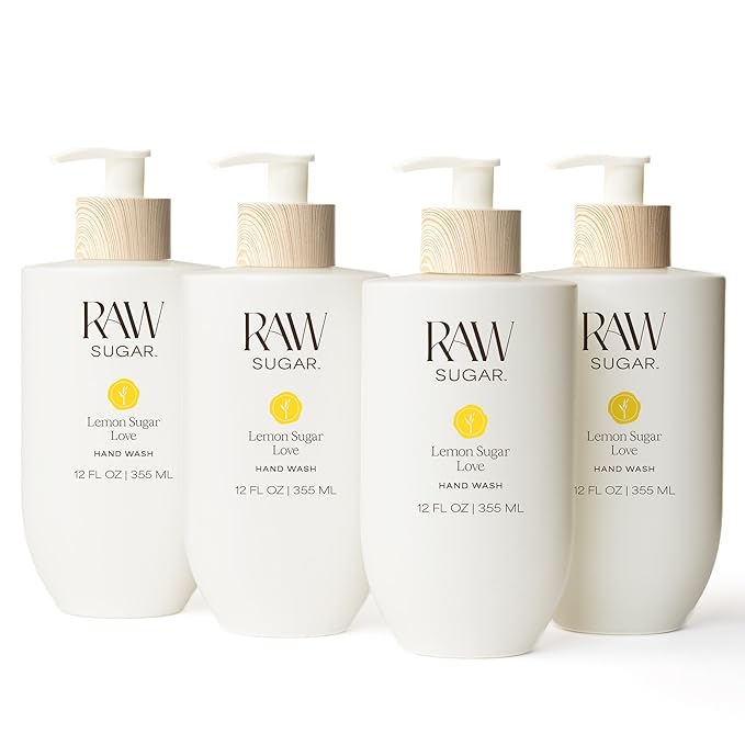 RAW SUGAR Lemon Sugar Hand Wash, 12 Fl Oz (Pack of 4) Liquid Hand Soap for Kitchen or Bathroom, Cleanses & Refreshes Hands, Vegan, Formulated without SLS/SLES & Parabens