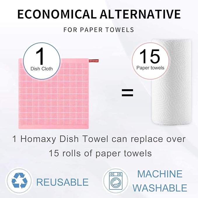 Homaxy 100% Cotton Terry Kitchen Dish Cloths, Ultra Soft and Absorbent Dish Towels for Kitchen, Suitable for Drying and Washing Dishes, 24 Pack, 12 x 12 Inches, Pink
