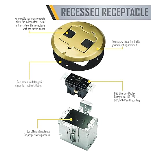 RACO Floor Box Kit 6239ACBP Brass 15A/125V Duplex Receptacle Outlet with USB Ports, Single Gang Electrical Box for Wood Sub-Floor with 3.1A/5V Type A and C USB Outlet Receptacles for Home Improvement