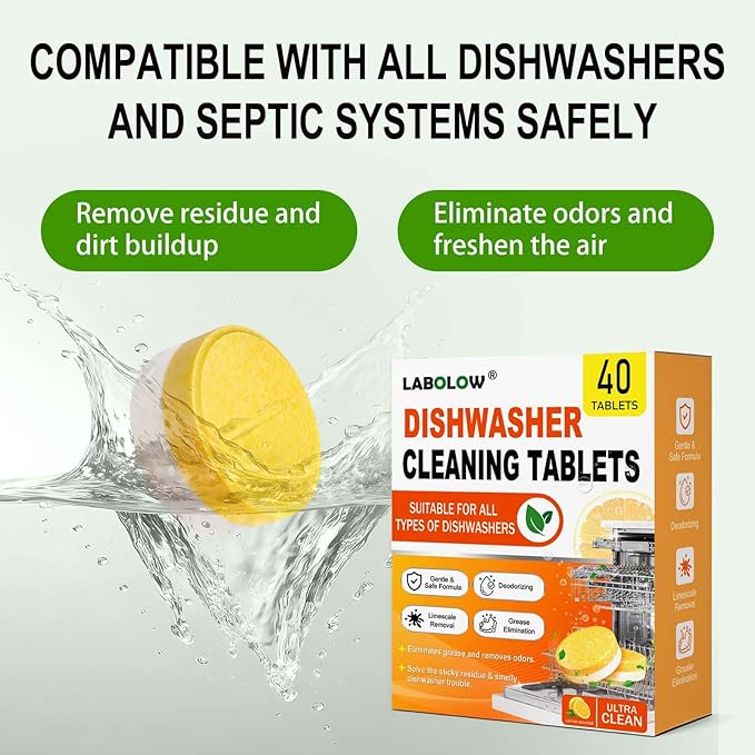 Dishwasher Cleaner and Deodorizer Tablets - 40 Pack, Powerful Deep Cleaning, Natural Formula, Effective Limescale & Odor Removal, Calcium, Scale, Hard Water Stains, Oil, Compatible with All Models