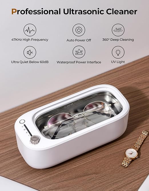 Ultrasonic Jewelry Cleaner with UV – 47kHz Professional Ultrasonic Cleaner Machine with 4 Cleaning Modes for Jewelry, Eyeglasses, Watch Strap, Dentures, Retainers & More – White