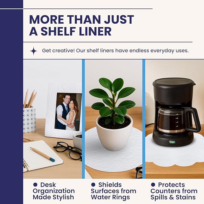 Self Adhesive Shelf Liner (2-Pack, 10.75in x 6ft) — Absorbent Felt Cabinet Liner for Shelves & Kitchen Drawers, Soft Glide Surface with Adjustable, Residue-Free Adhesive (Solid White)